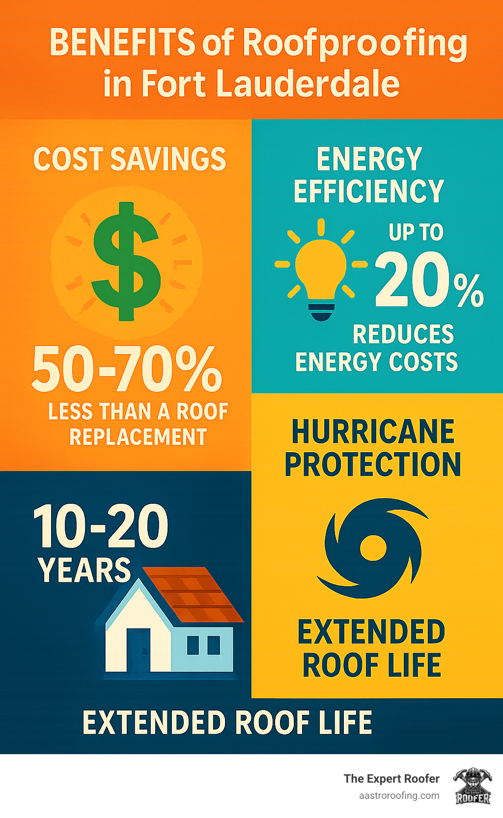 Benefits of roof waterproofing in Fort Lauderdale showing cost savings, energy efficiency, hurricane protection, and extended roof life with specific percentages and timeframes - Roof waterproofing Fort Lauderdale infographic 