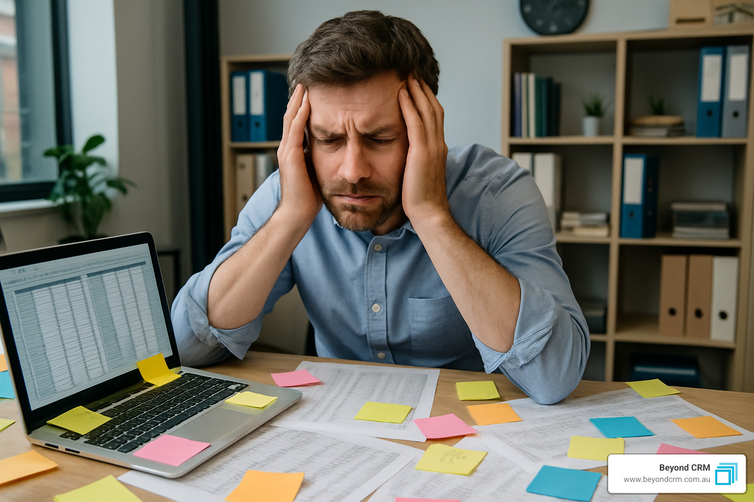 business owner looking stressed while managing multiple spreadsheets and post-it notes - basic crm for small business