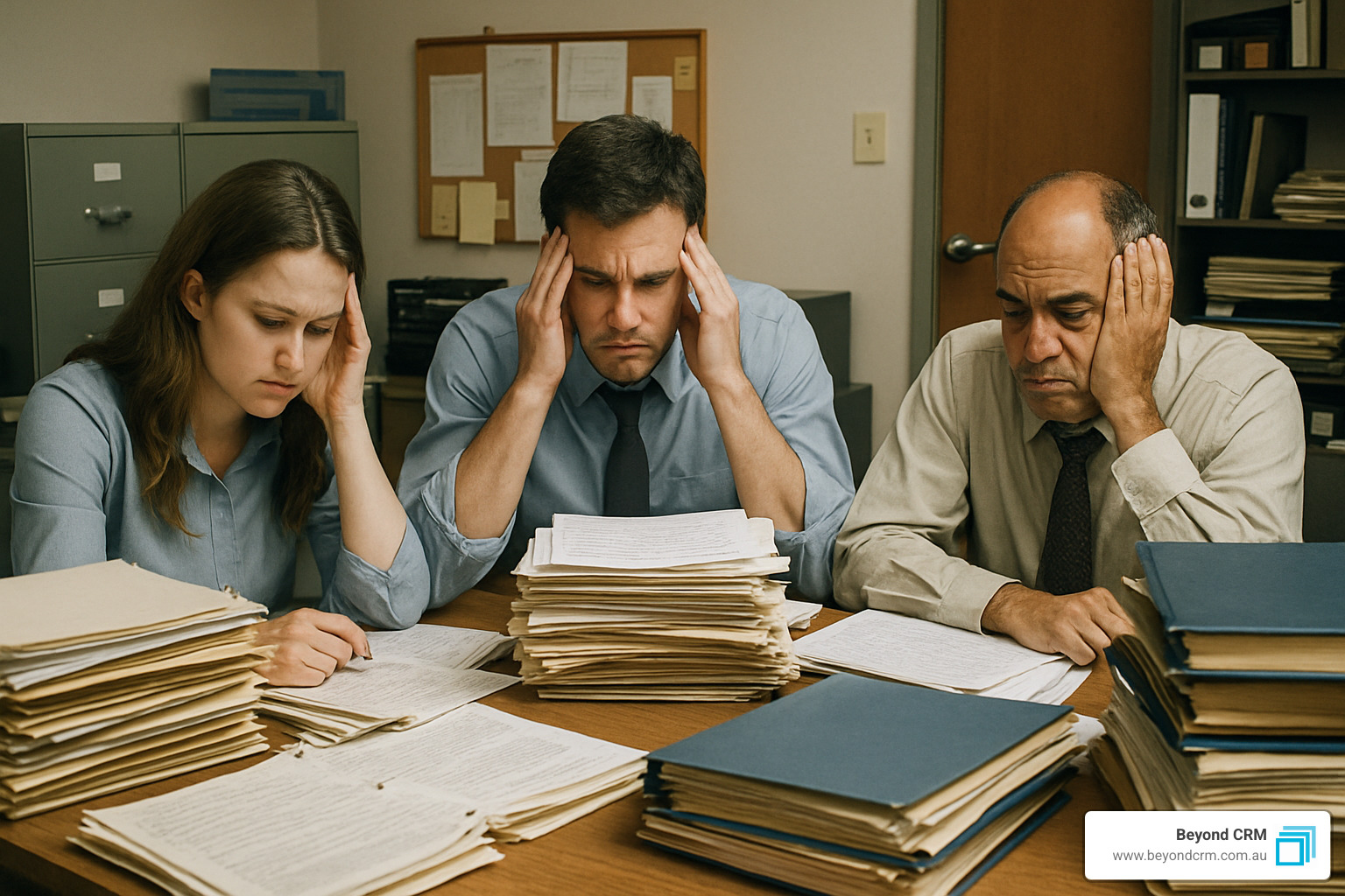 team of 3 stressed at work with piling paperwork. - basic crm for small business