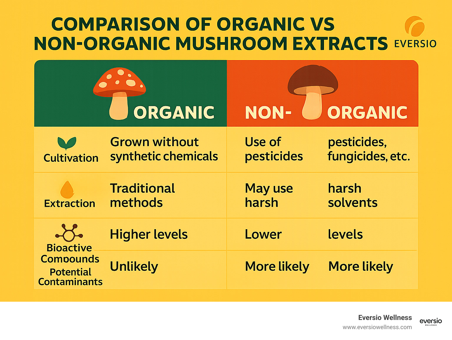 Comparison of organic vs non-organic mushroom extracts showing differences in cultivation methods, extraction processes, bioactive compound levels, and potential contaminants - mushroom extracts infographic 