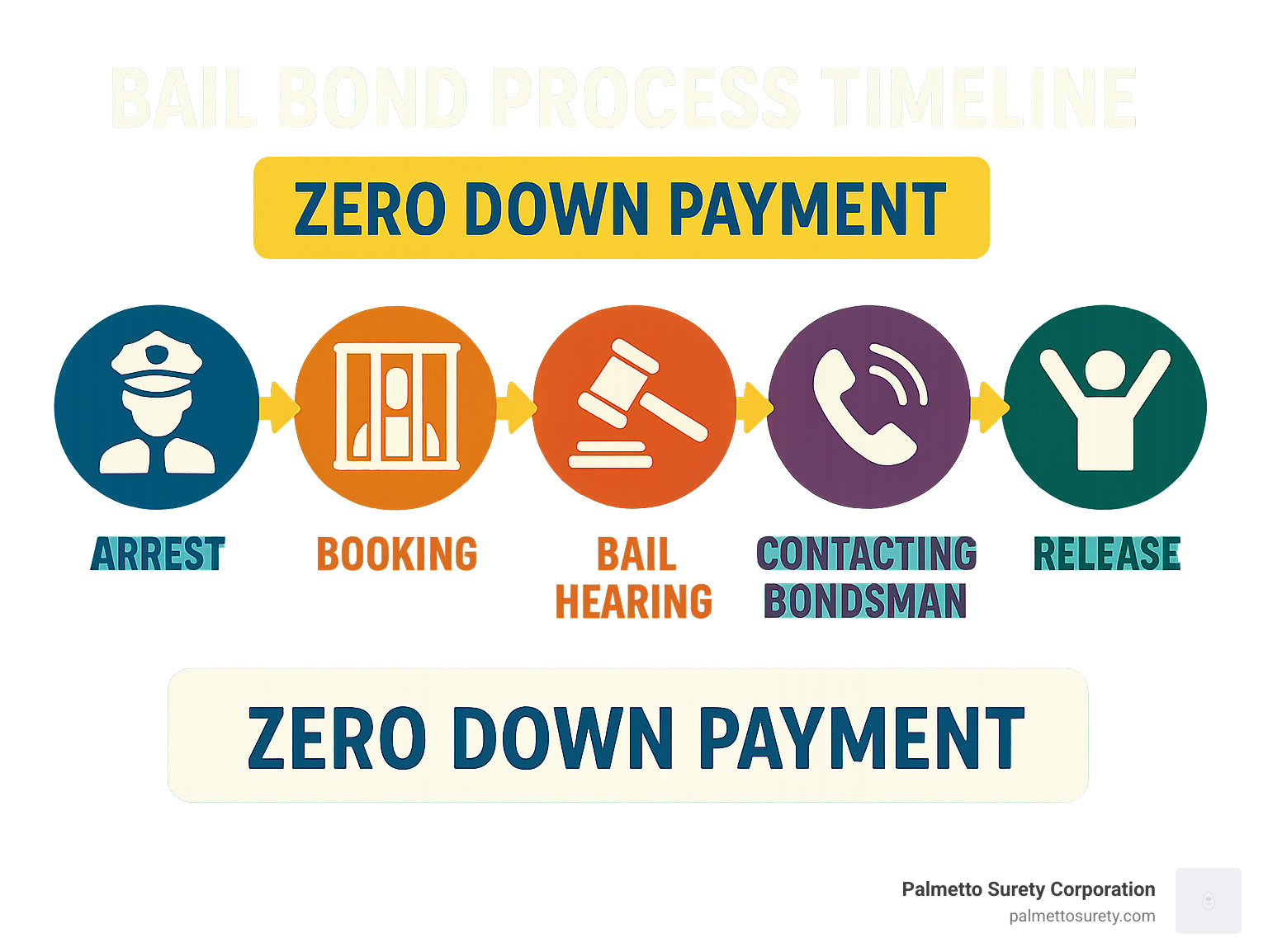 Bail bond process timeline showing arrest, booking, bail hearing, contacting bondsman, paperwork completion, and release with zero down payment option highlighted - bail bonds no money down near me infographic