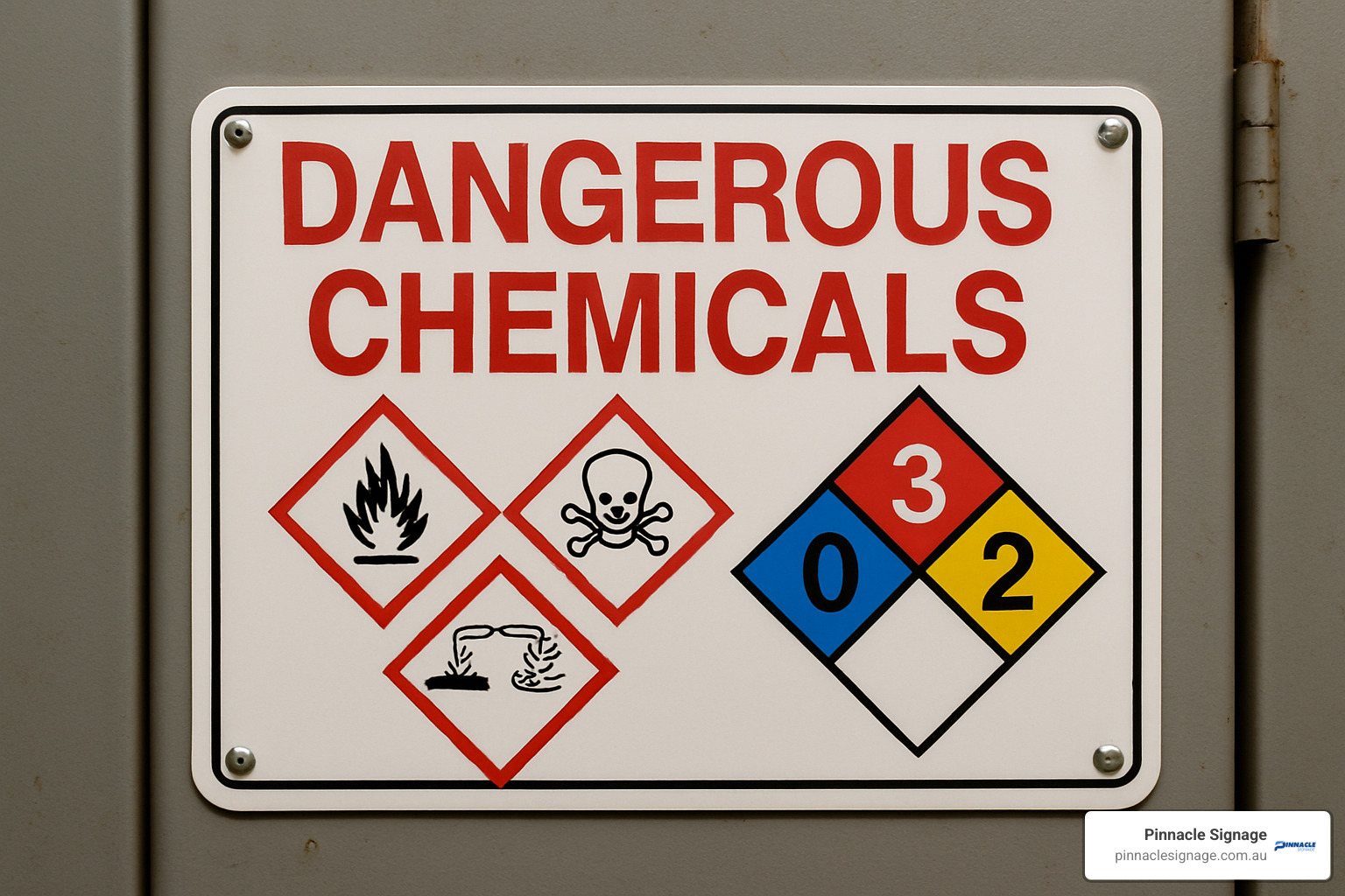 Close-up of dangerous chemicals sign showing GHS pictograms and NFPA diamond - dangerous chemicals sign