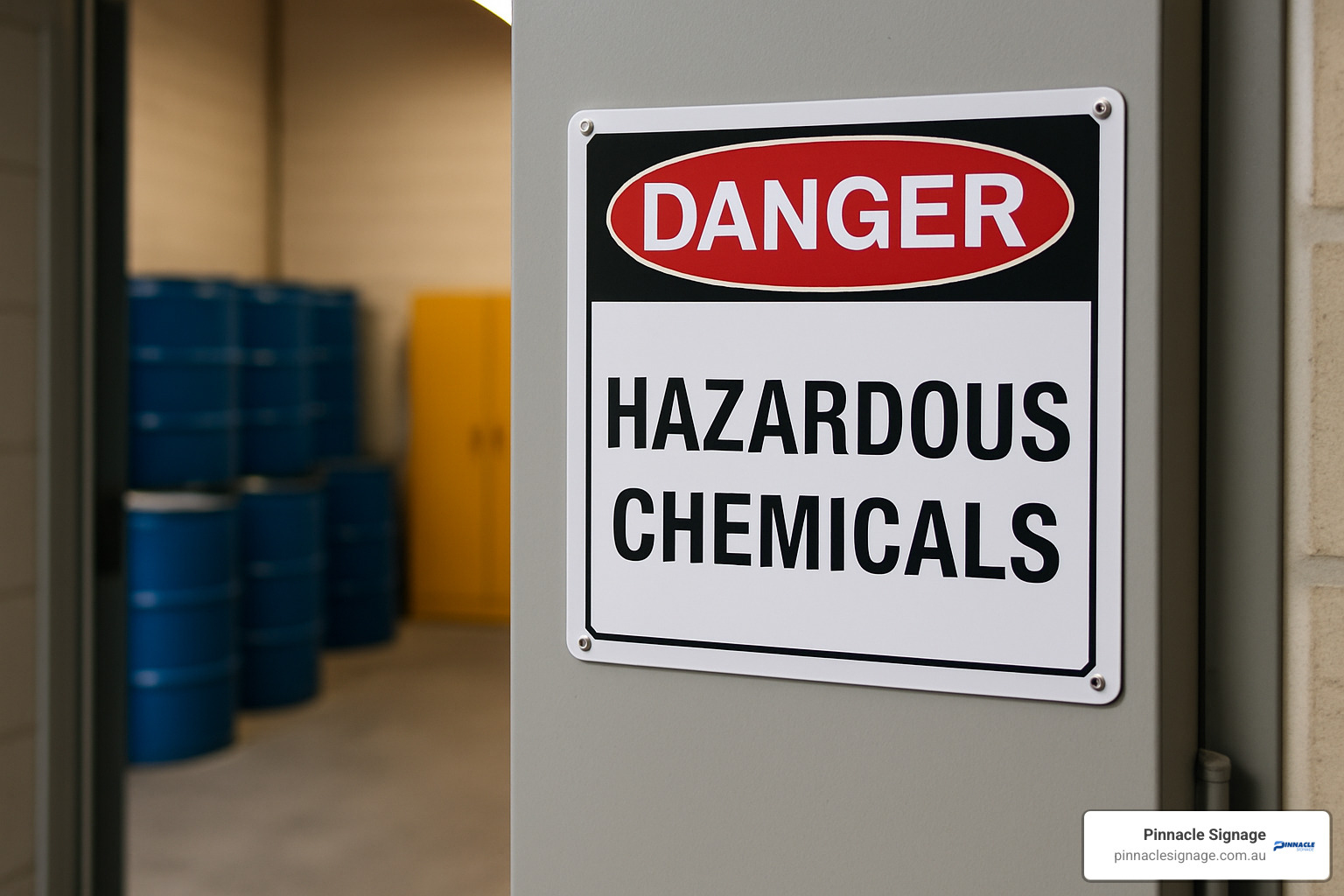 Properly placed dangerous chemicals sign at entrance to chemical storage area - dangerous chemicals sign
