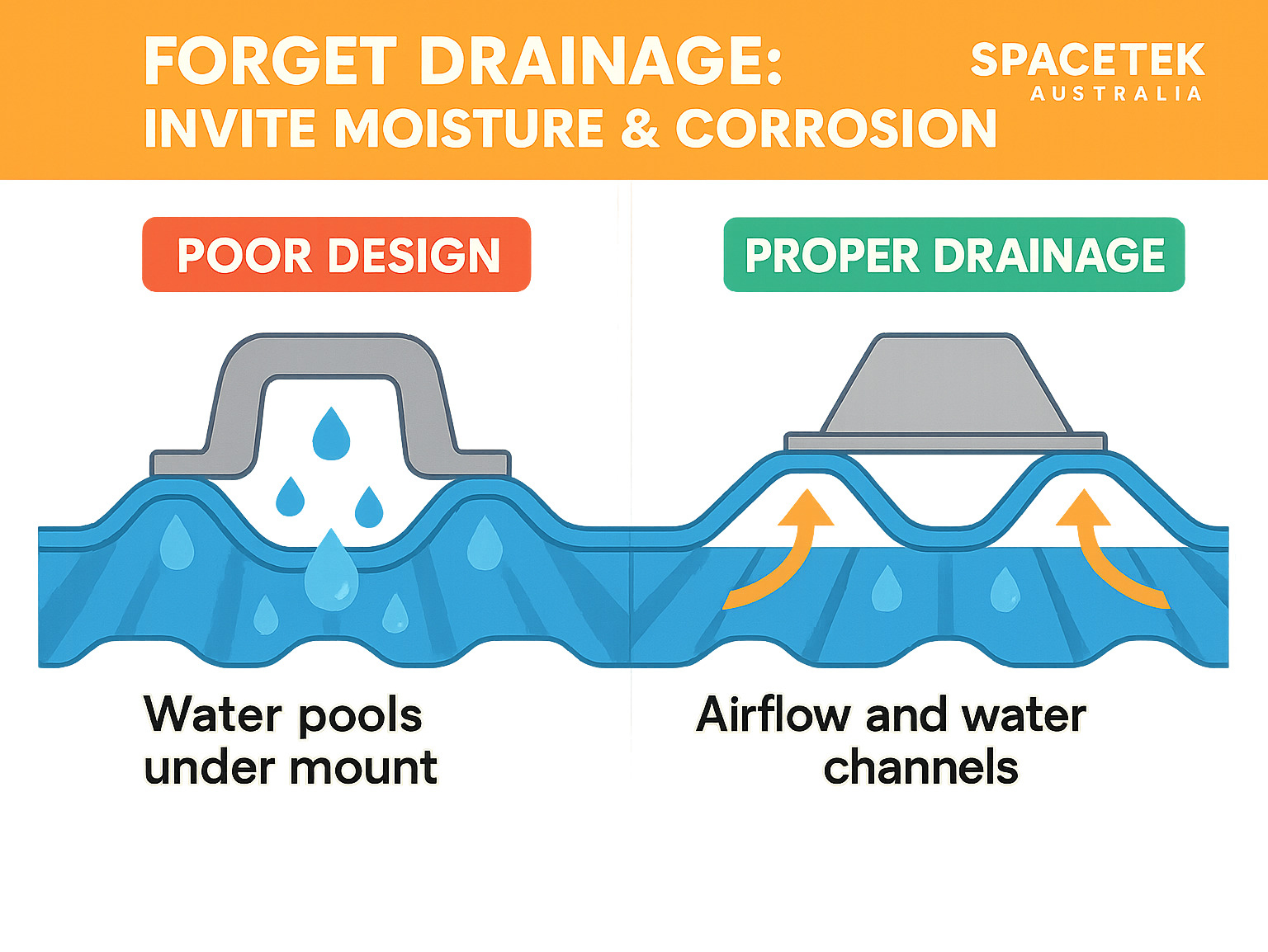 Infographic showing how water pools under poorly designed mounts versus proper drainage designs with airflow and water channels - DIY Starlink Mounting Mistakes to Avoid infographic 