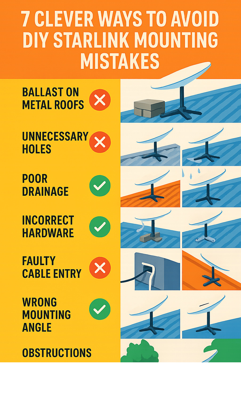 Infographic showing 7 critical Starlink mounting mistakes with illustrations of proper vs improper mounting techniques, including ballast damage on metal roofs, incorrect drilling patterns, poor drainage designs, improper hardware selection, faulty cable entries, and obstruction problems - DIY Starlink Mounting Mistakes to Avoid infographic 