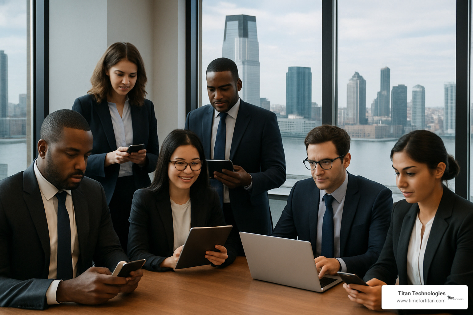 New Jersey business professionals using mobile devices in a corporate setting - mobile device management solutions nj