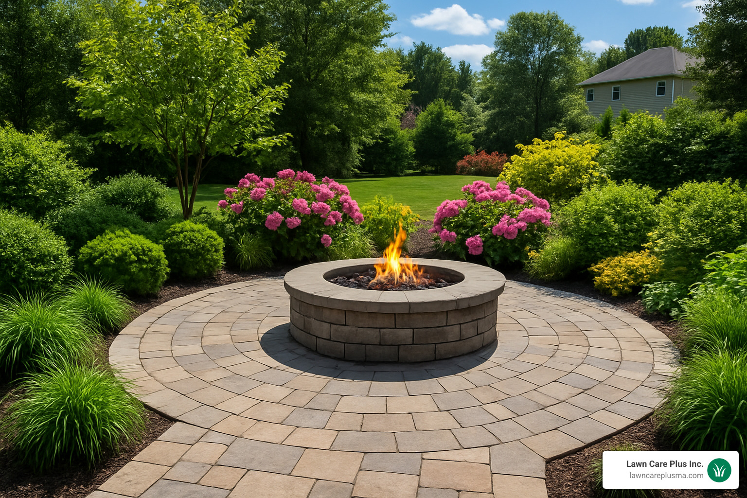 Stone patio with built-in fire pit surrounded by lush plantings - belmont landscaping ma