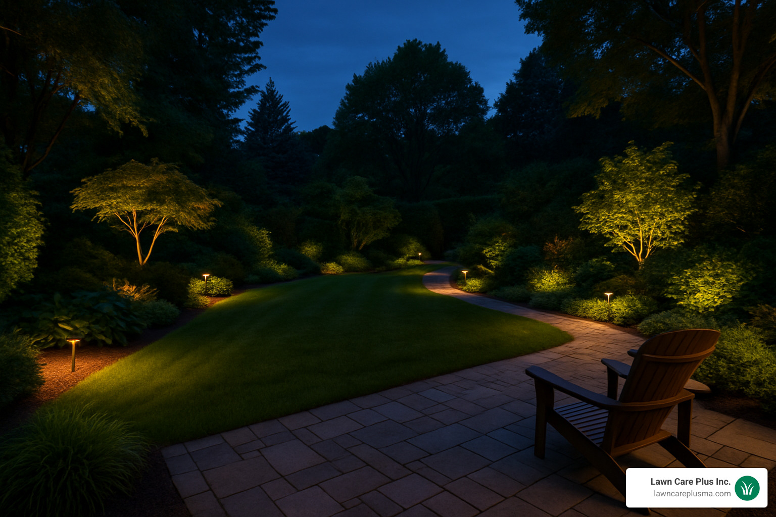 Completed Belmont backyard at dusk with landscape lighting - belmont landscaping ma