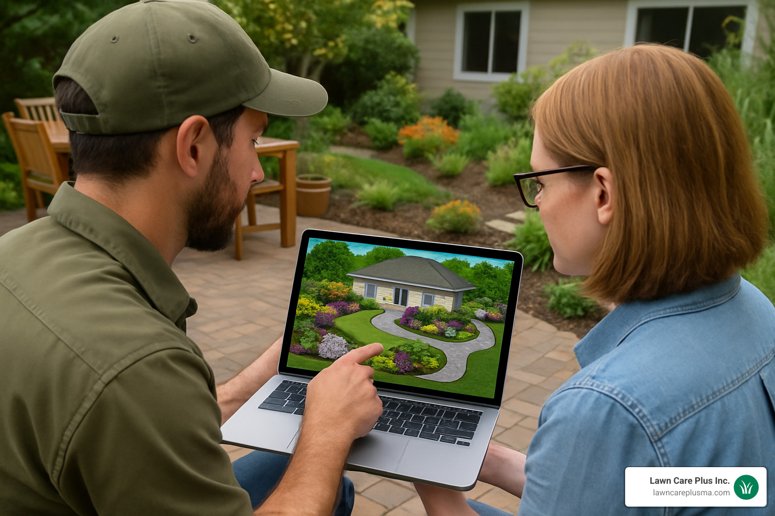 Landscape designer reviewing 3D plan with homeowner - belmont landscaping ma