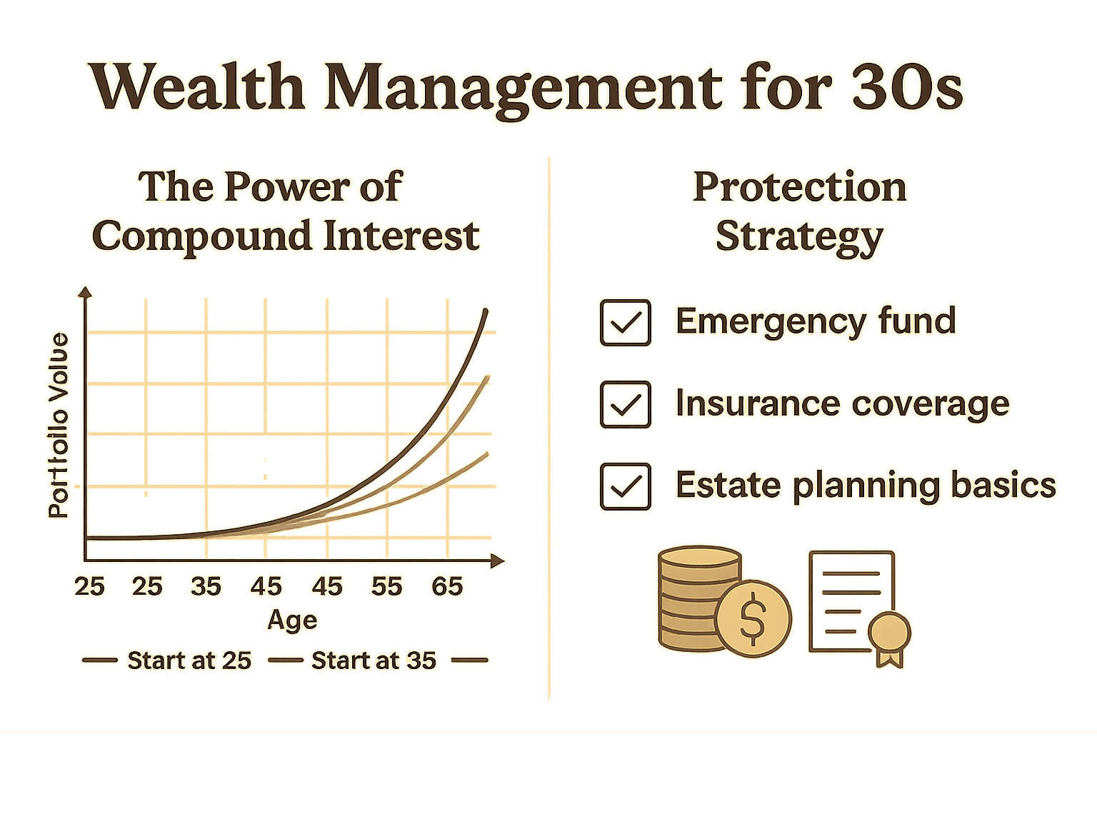 Wealth management framework for 30-somethings showing the power of compound interest with three scenarios: starting at 25 vs. 35 vs. 45, alongside a protection strategy checklist featuring emergency fund, insurance coverage, and estate planning basics - wealth management for 30s infographic 