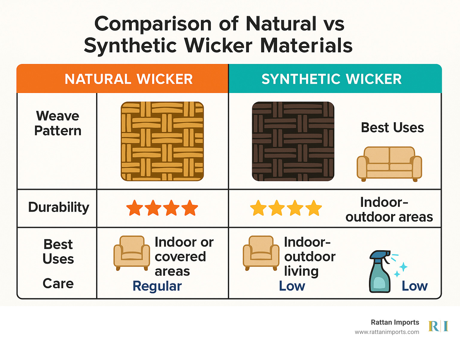 Comparison of natural vs synthetic wicker materials showing weave patterns, durability ratings, best uses, and care requirements for living room furniture - wicker living room furniture infographic 