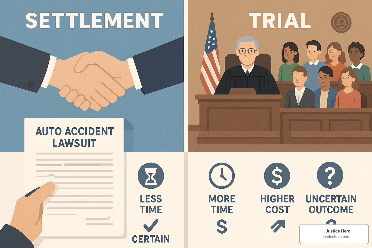 comparison of settlement versus trial in auto accident litigation - auto accident litigation
