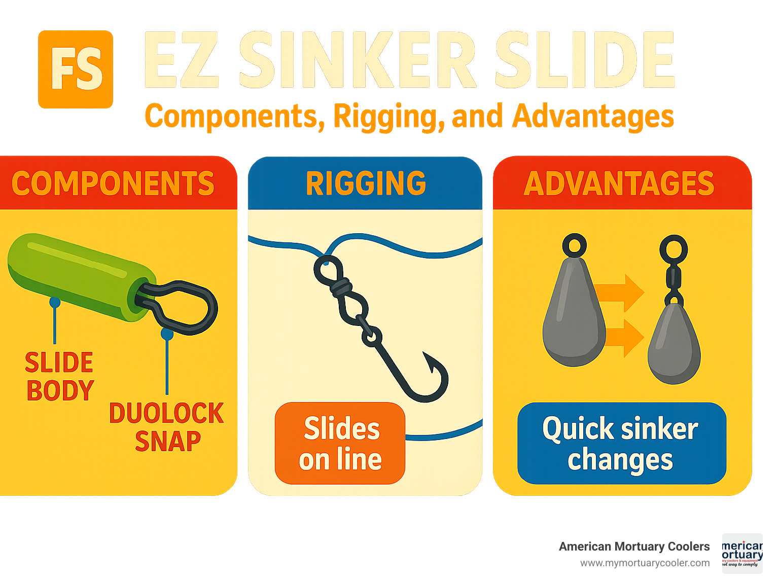 EZ Sinker Slide components, rigging process, and advantages over traditional sinker setups showing the slide body, DuoLock snap, and quick-change capability - ez sinker slide infographic 