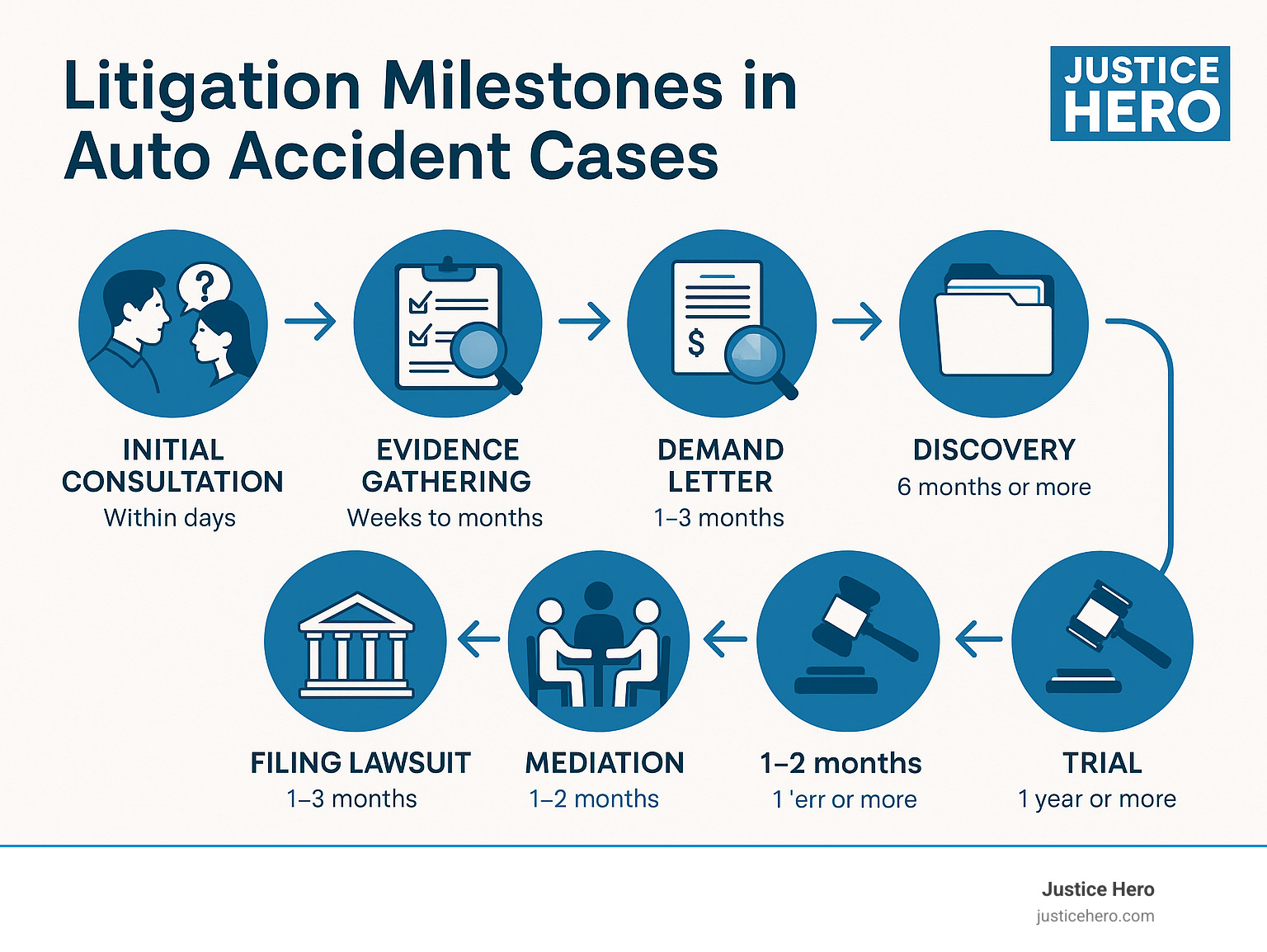Litigation milestones in auto accident cases, showing the progression from initial consultation through evidence gathering, demand letter, filing lawsuit, findy, mediation, and trial with typical timeframes - auto accident litigation infographic 