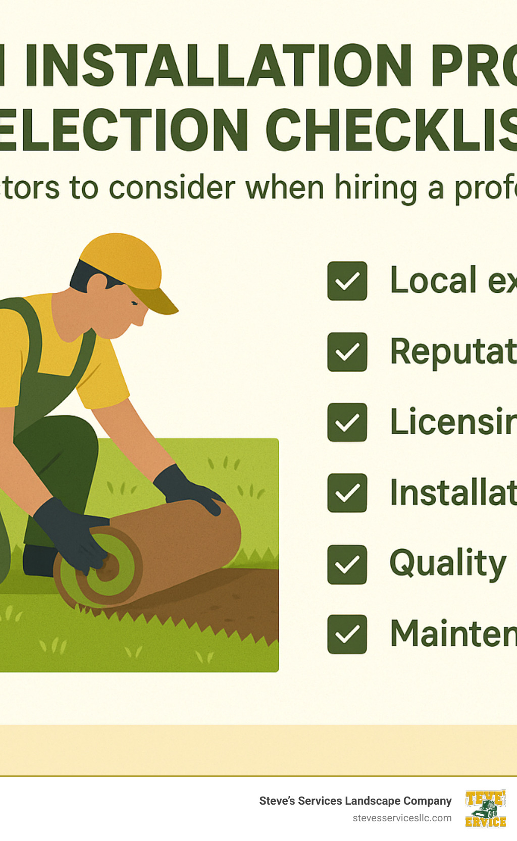 Lawn installation provider selection checklist showing key factors to consider when hiring a professional - lawn installation services infographic 