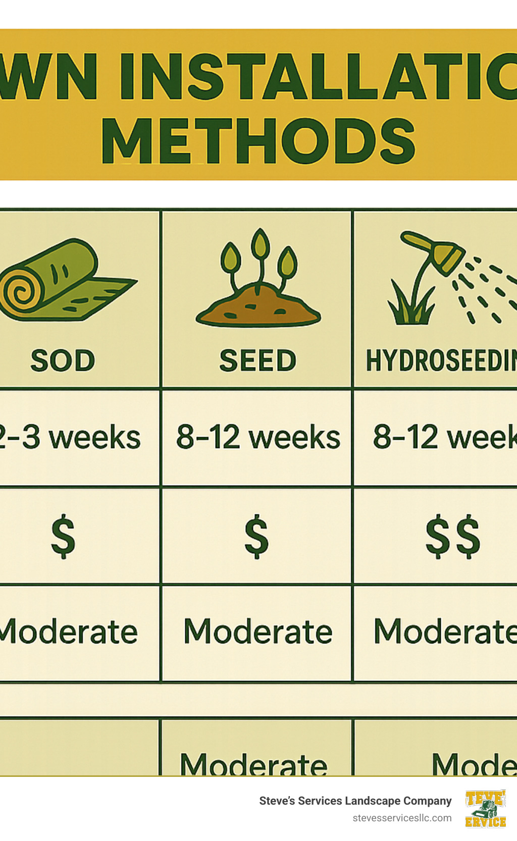 Comparison of lawn installation methods showing timeline, cost, and maintenance requirements for sod, seed, hydroseeding and artificial turf options - lawn installation services infographic 