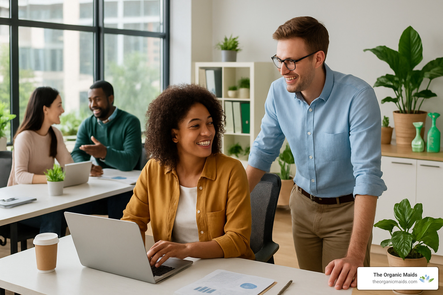 happy office workers in clean green workspace - eco green office cleaning