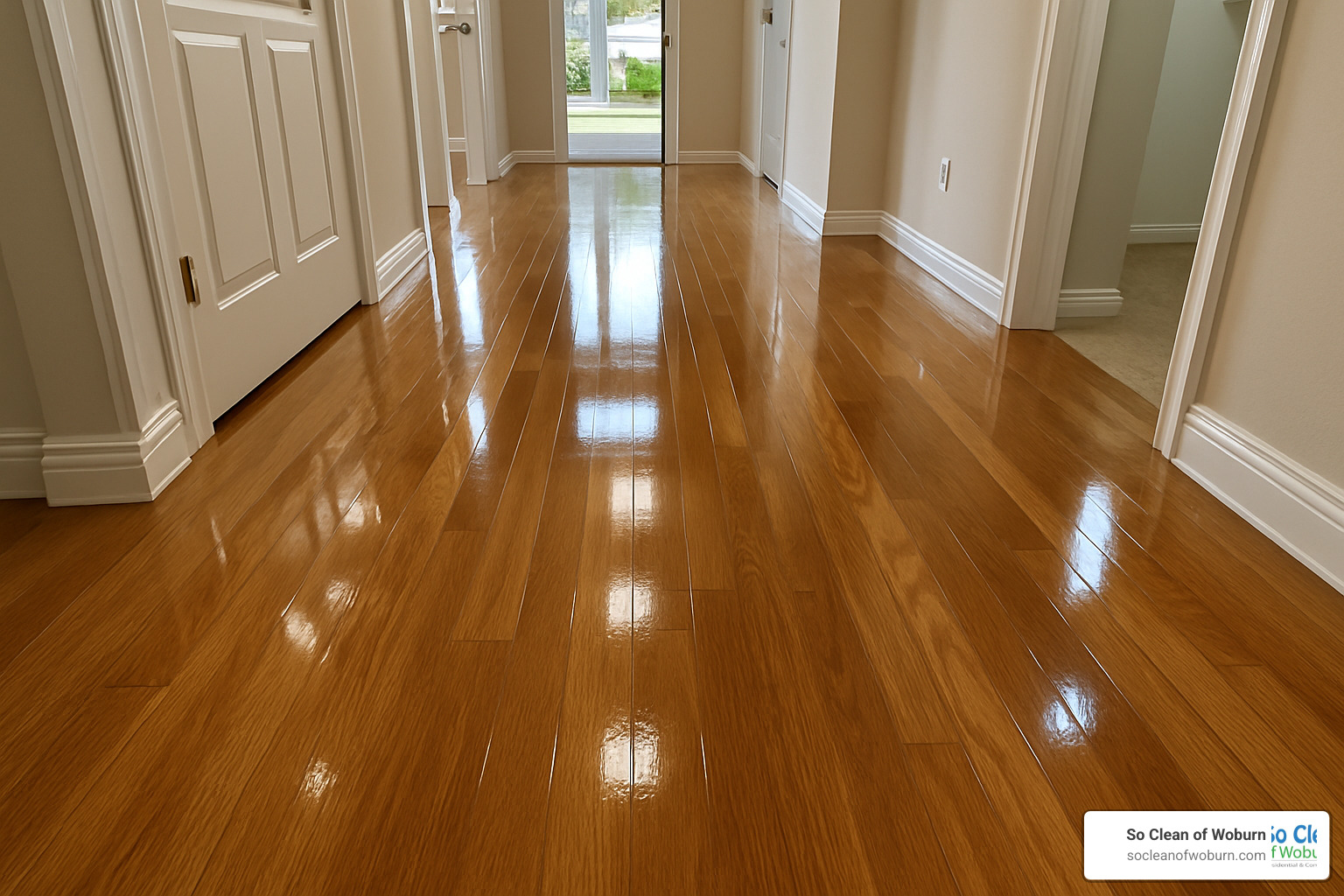 gleaming hardwood hallway after professional polish - hardwood floor cleaning service
