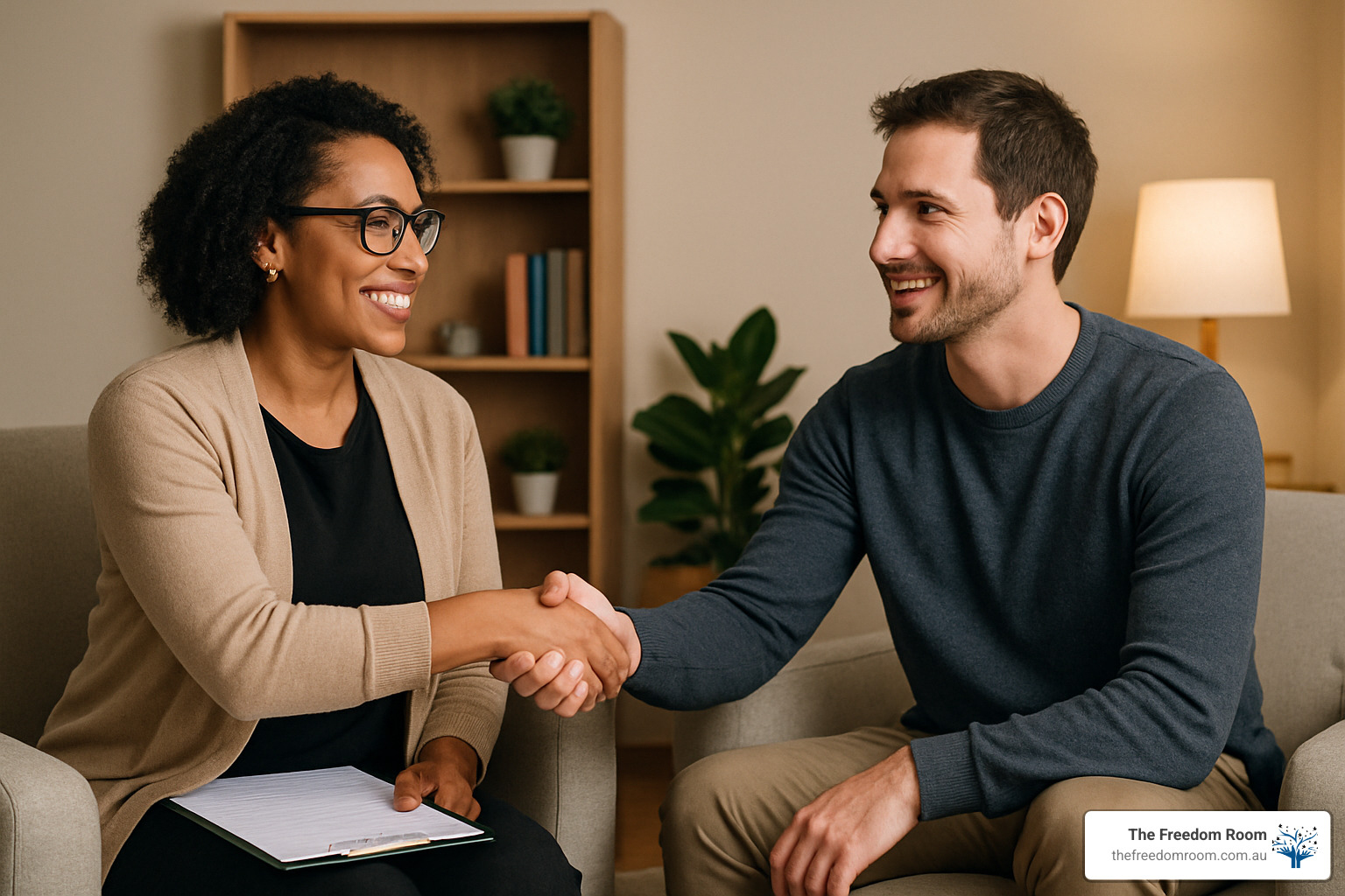 Counsellor and client shaking hands - Addiction recovery counseling Counsellor and client shaking hands - Addiction recovery counseling