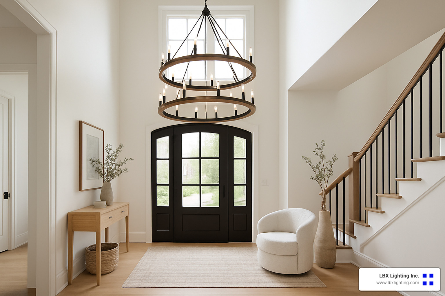 two-tier modern wagon wheel chandelier in grand entryway - modern wagon wheel light fixture