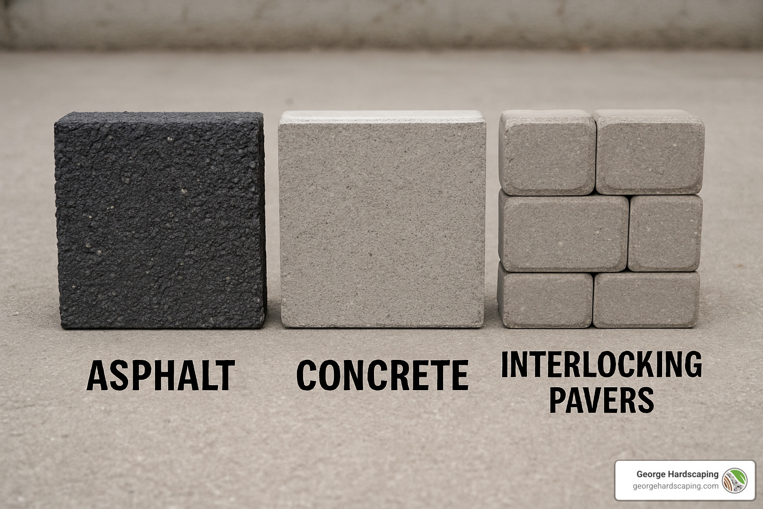 samples of asphalt, concrete, and pavers side by side - Affordable paving contractors
