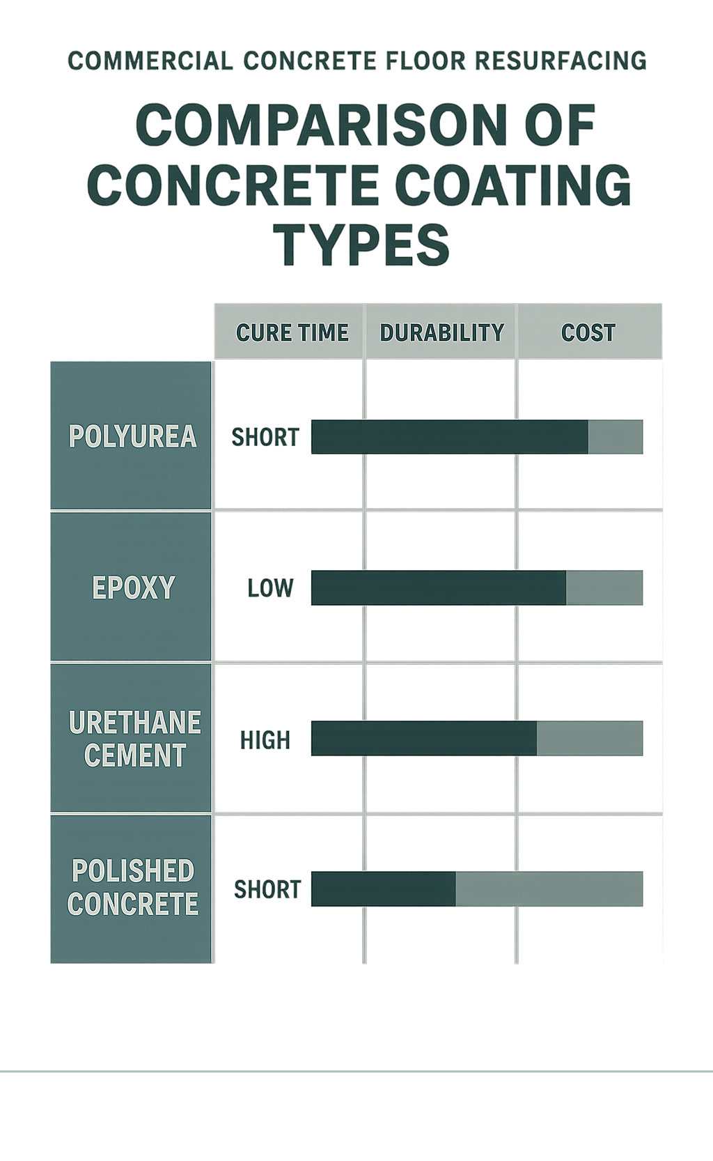 Comparison chart of concrete coating types showing cure time, durability, and cost factors - commercial concrete floor resurfacing infographic 