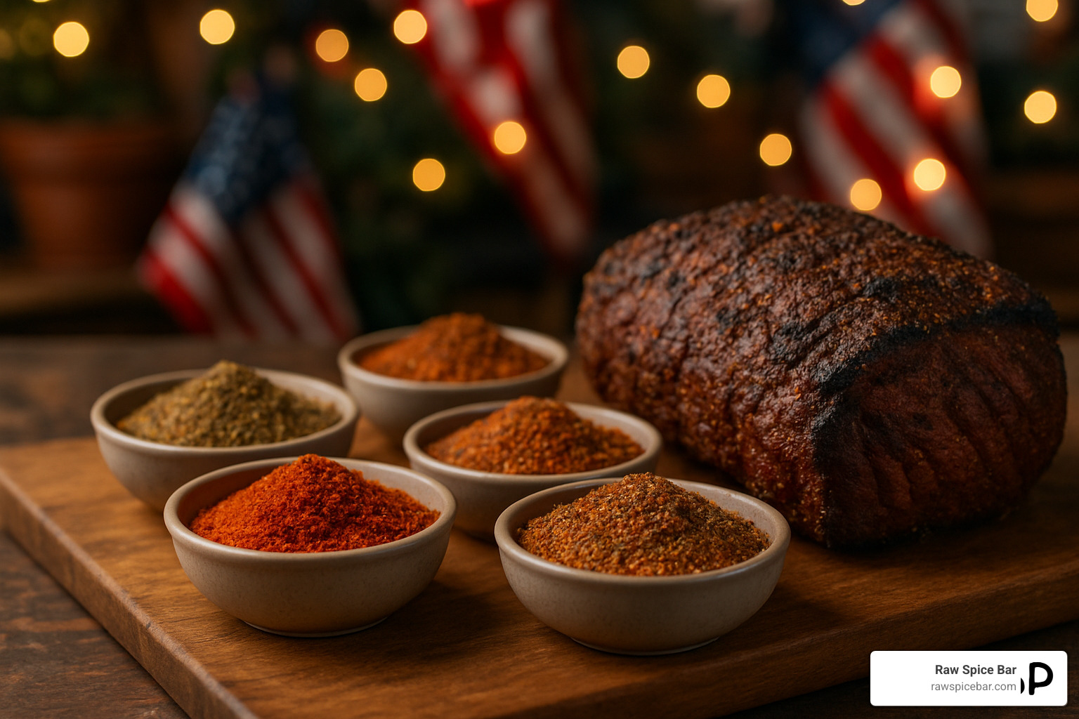 various spice rubs on a wooden cutting board next to a spice-rubbed roast - Christmas spice gifts