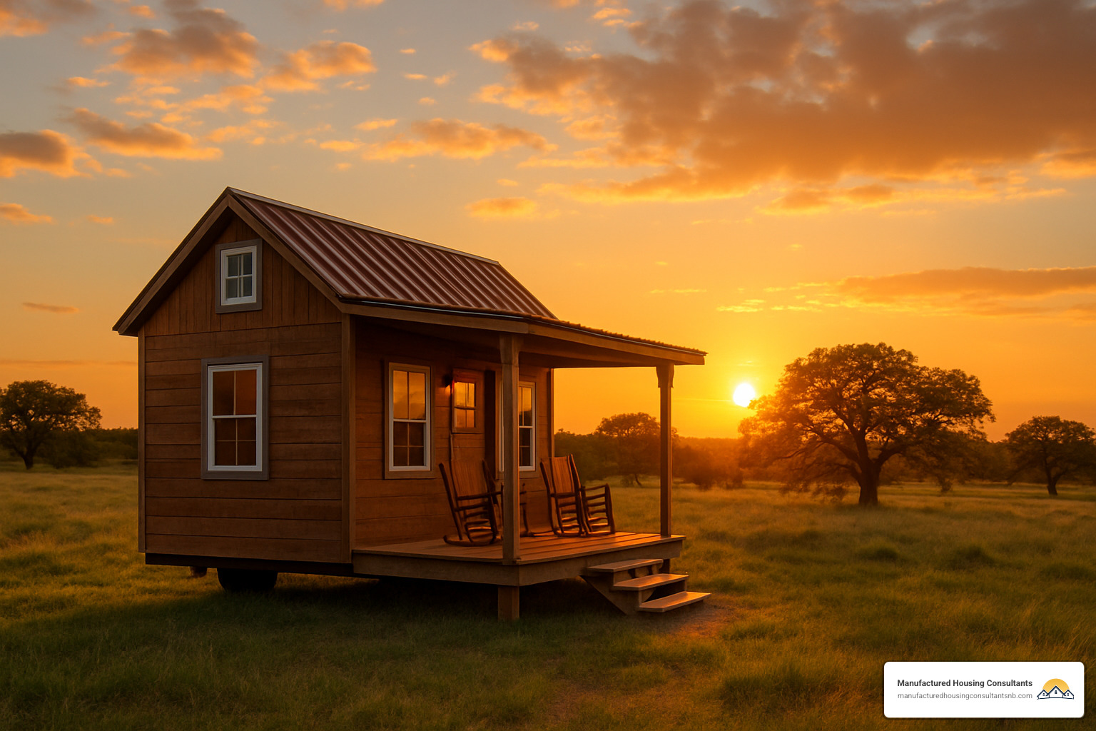 Tiny house at sunset in Texas landscape - buy a tiny house texas