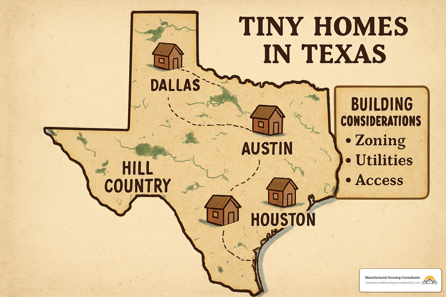 Texas map showing popular tiny home locations and building considerations - buy a tiny house texas