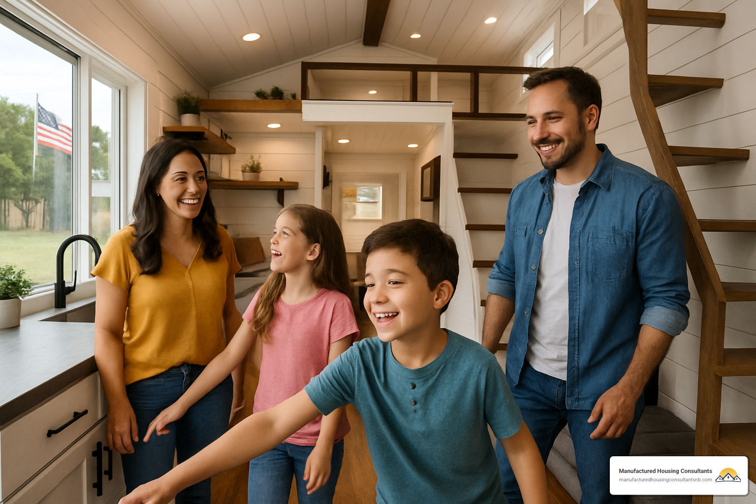 Family touring a model tiny home - buy a tiny house texas