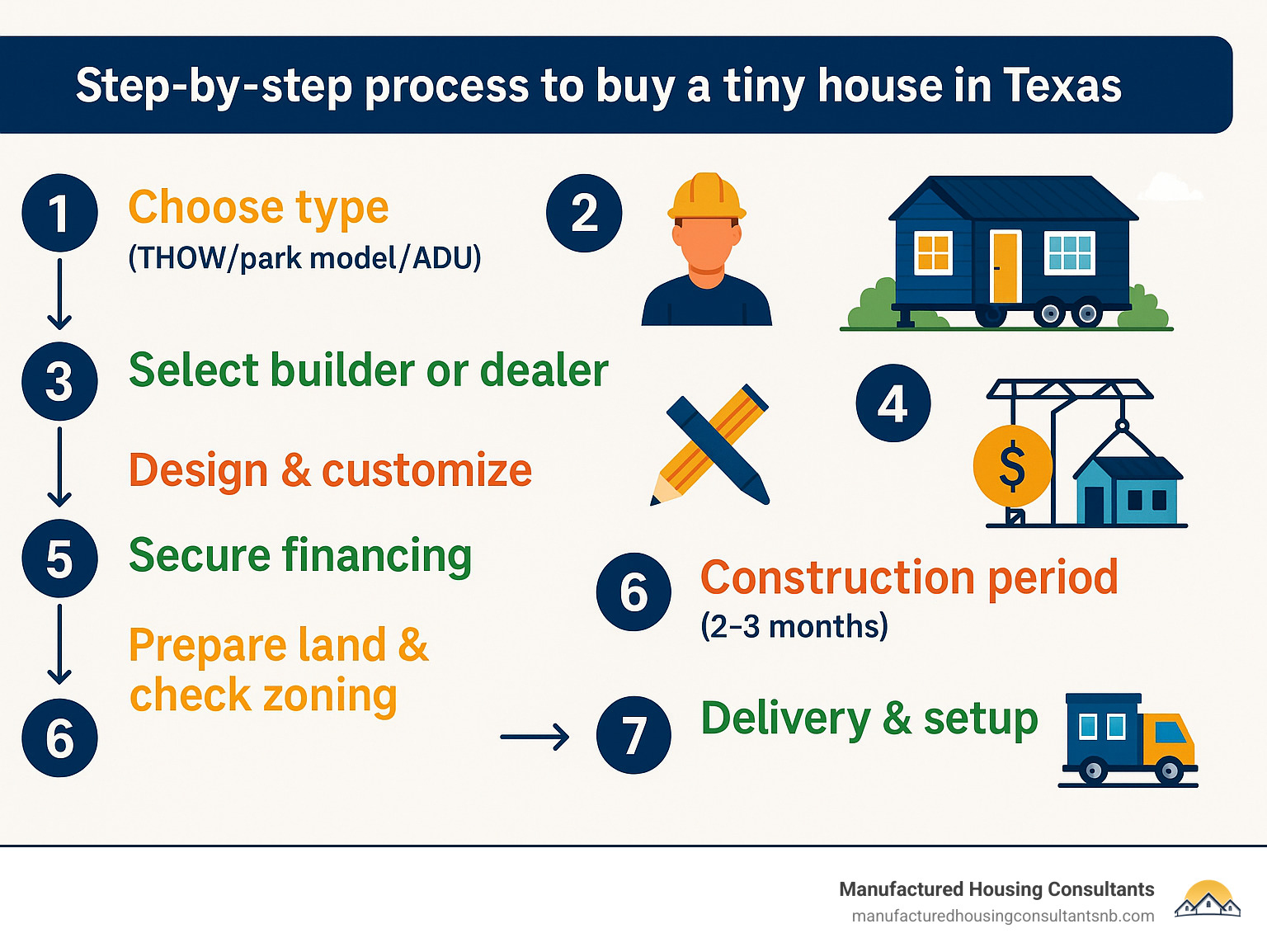 Step-by-step process to buy a tiny house in Texas showing: 1. Choose type (THOW/park model/ADU), 2. Select builder or dealer, 3. Design & customize, 4. Secure financing, 5. Prepare land & check zoning, 6. Construction period (2-3 months), 7. Delivery & setup - buy a tiny house texas infographic 