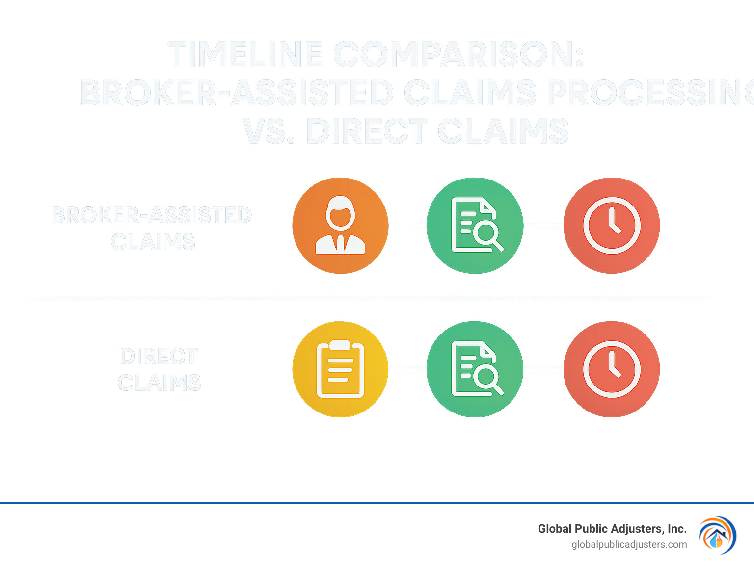 Timeline comparison showing broker-assisted claims processing versus direct claims - does an insurance broker help with claims infographic 