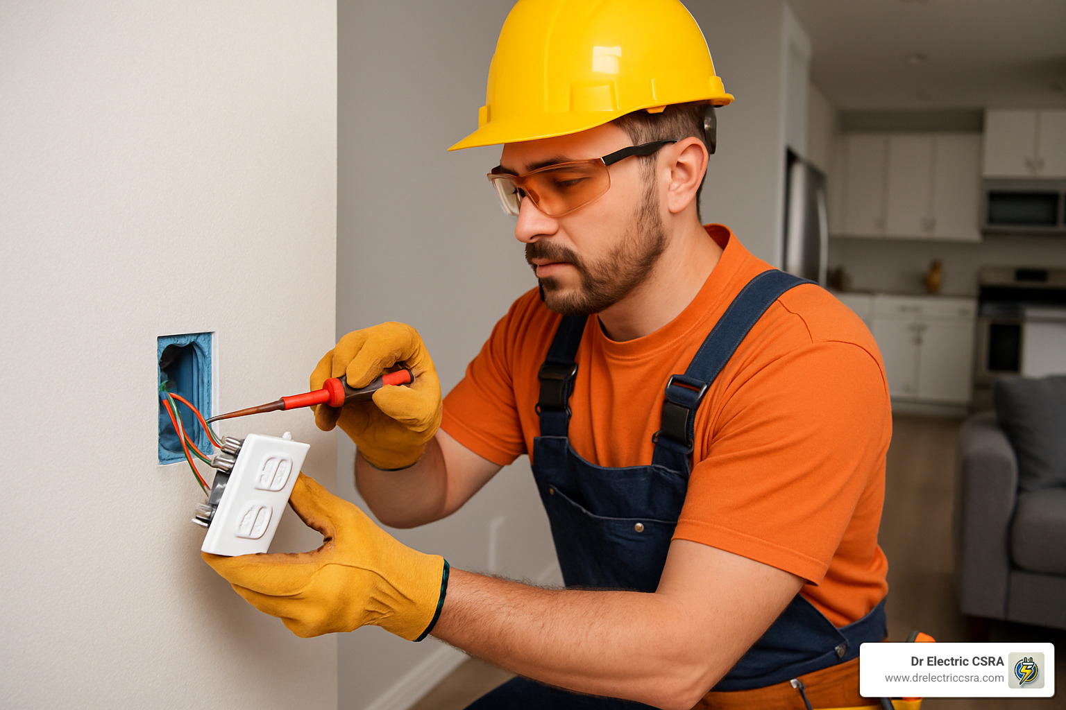 Electrician in safety gear installing electrical outlet in residential home, emphasizing home electrical repair services and safety.