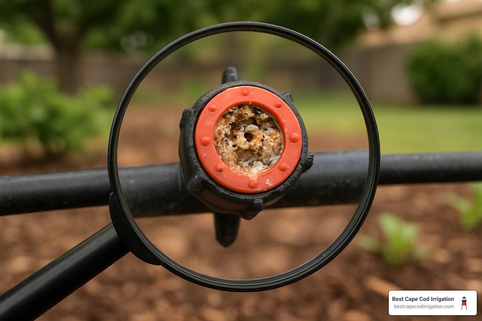 clogged emitter under magnifier - drip sprinkler repair