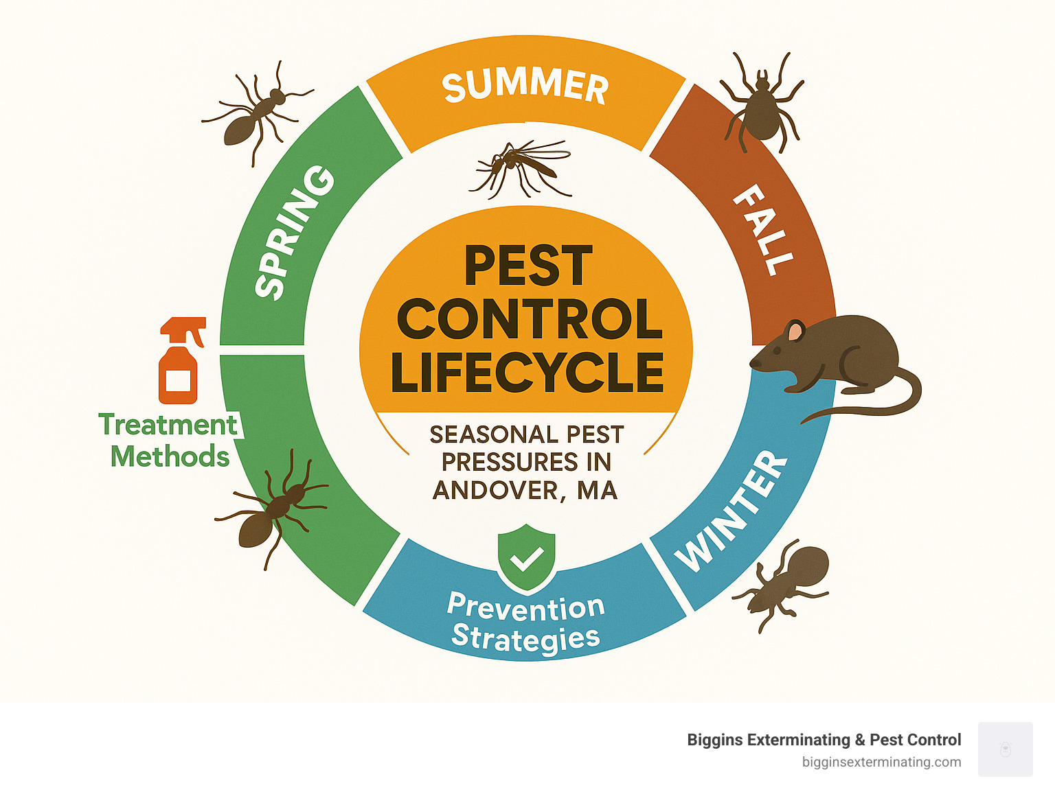 Pest control lifecycle showing seasonal pest pressures in Andover MA with common pests by season, treatment methods, and prevention strategies organized in a circular annual calendar - Exterminators Andover MA infographic