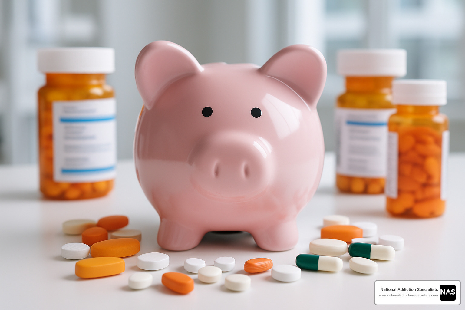 piggy bank with medication pills - does medicare cover medication assisted treatment