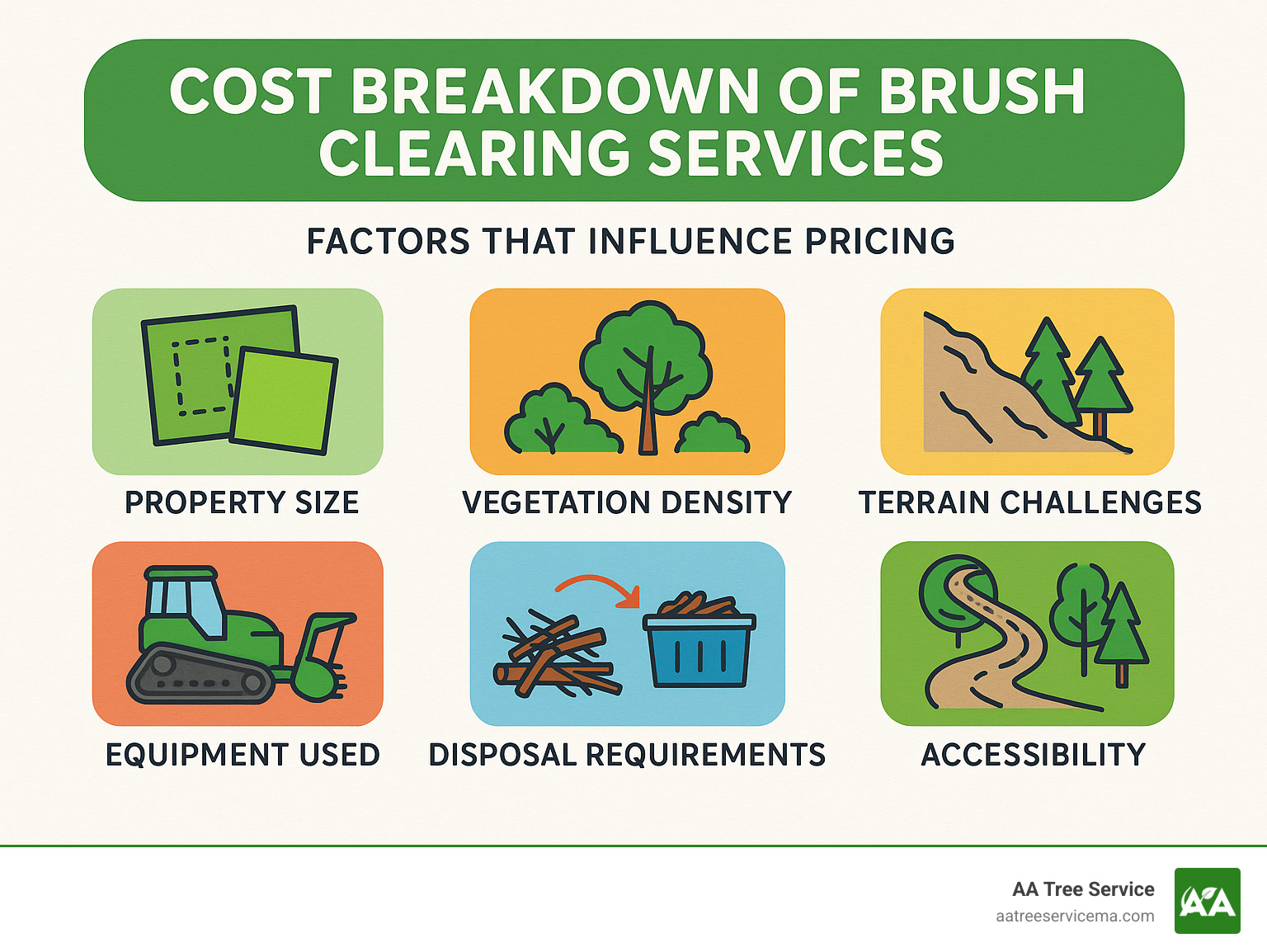 Cost breakdown of brush clearing services showing factors that influence pricing - brush clearing company infographic 