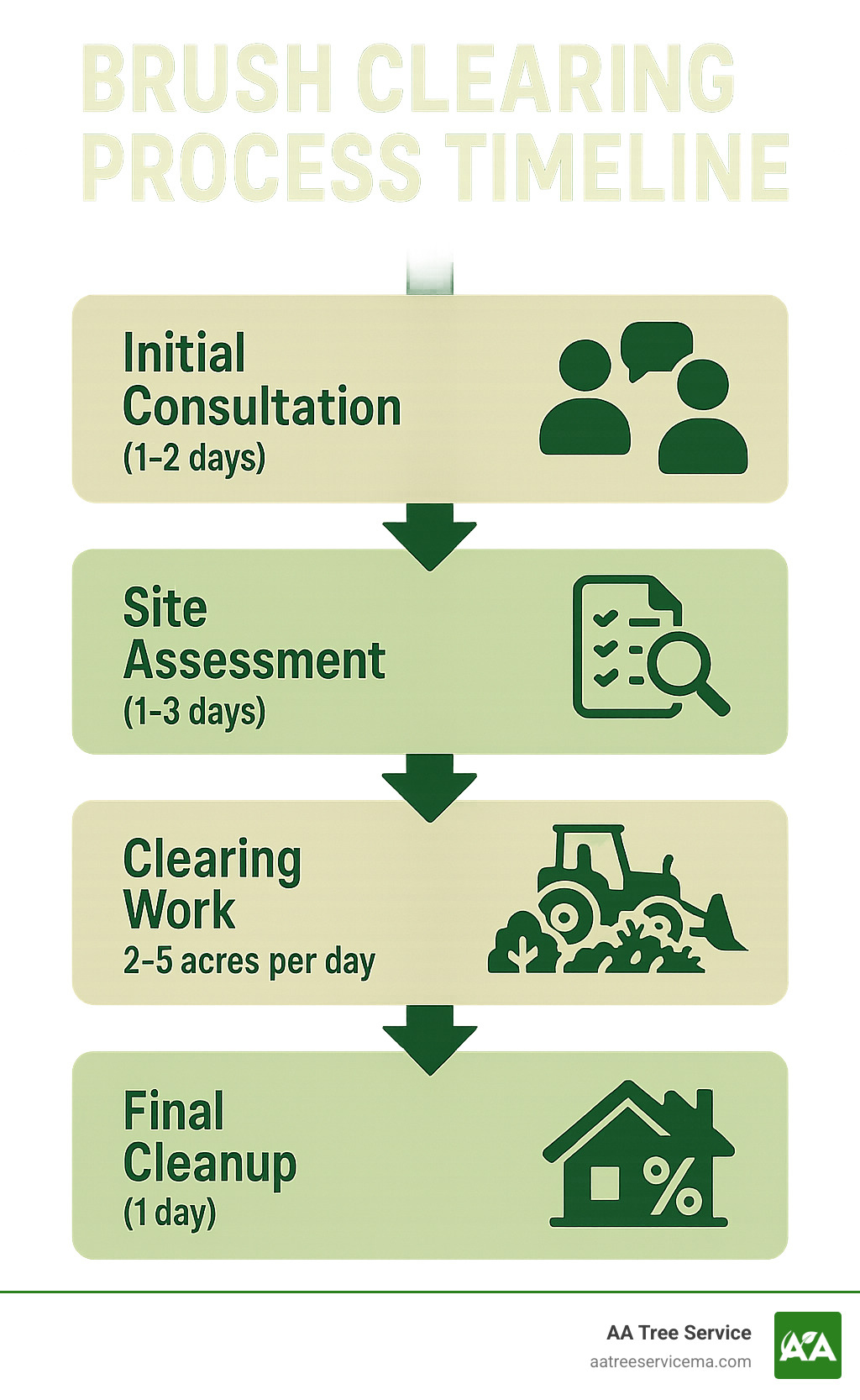 Infographic showing the brush clearing process timeline: Initial consultation (1-2 days), Site assessment (1-3 days), Clearing work (2-5 acres per day), Final cleanup (1 day), and Completion with property value increase of up to 15% - brush clearing company infographic 