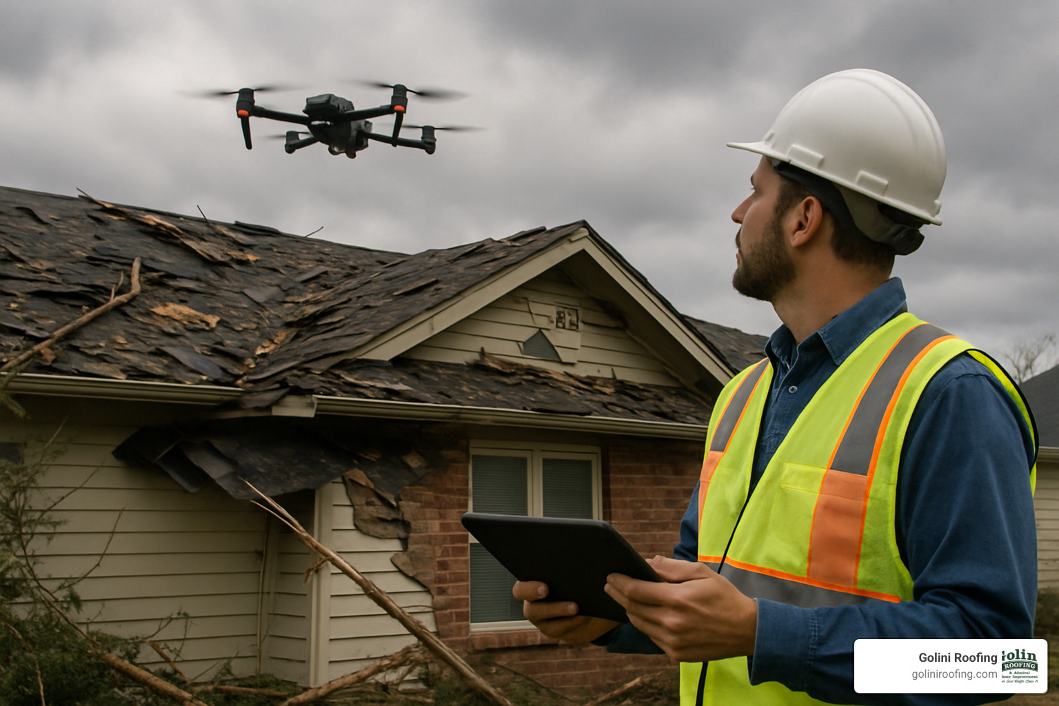 Roof inspector examining storm damage with drone - Emergency roof repair services