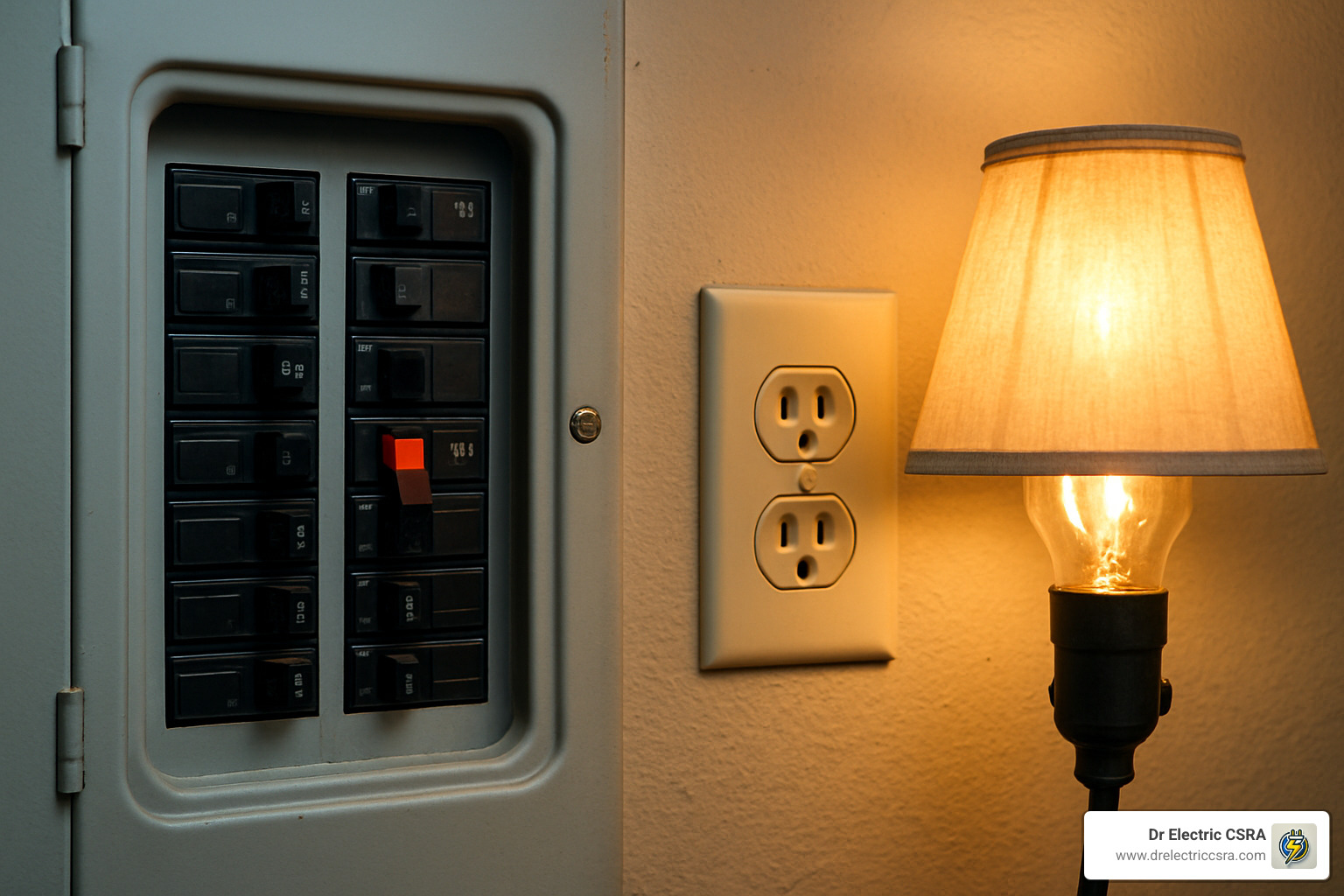 Electrical panel with circuit breakers, one breaker in the off position, illuminated lamp with a fabric shade, wall outlet visible, emphasizing home electrical systems and repairs.