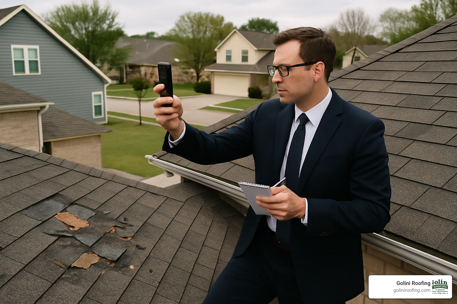 Insurance adjuster inspecting roof damage - Emergency roof repair services