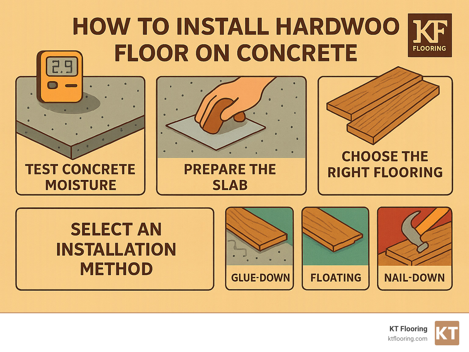 Detailed step-by-step process for installing hardwood flooring on concrete, showing moisture testing, concrete preparation, moisture barrier installation, flooring selection, and installation methods including glue-down, floating, and nail-down approaches - install hardwood floor on concrete infographic