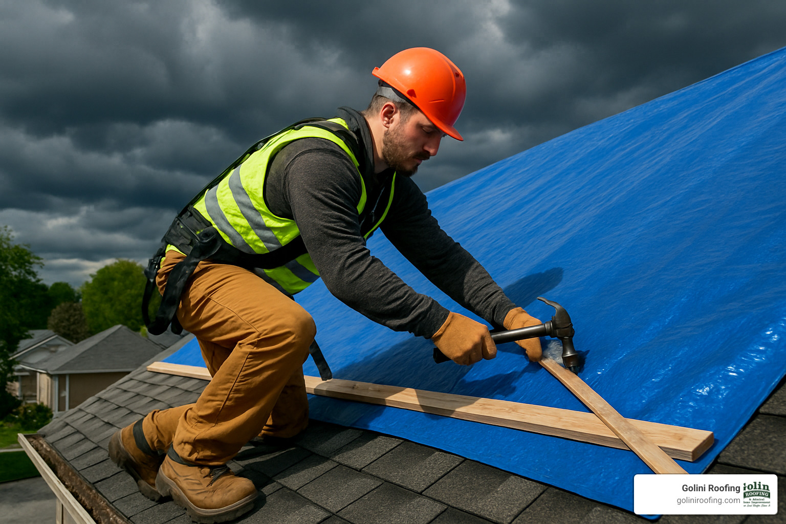Professional installing emergency roof tarp - Emergency roof repair services