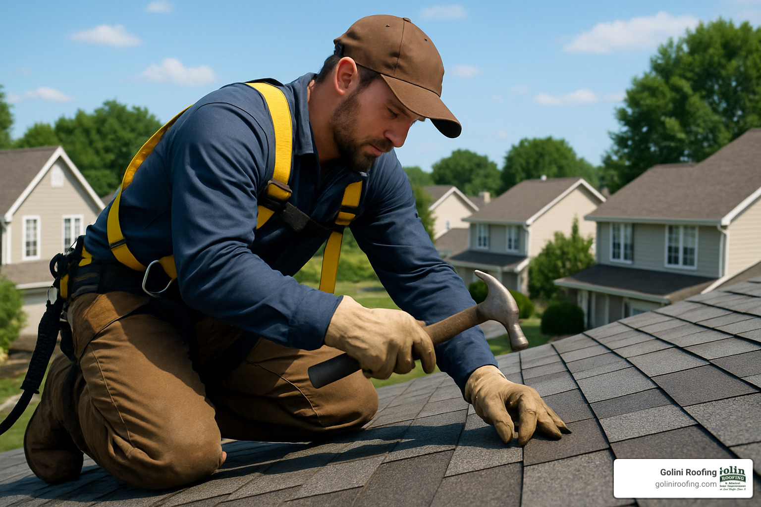 Roofer hand-nailing replacement shingles - Emergency roof repair services