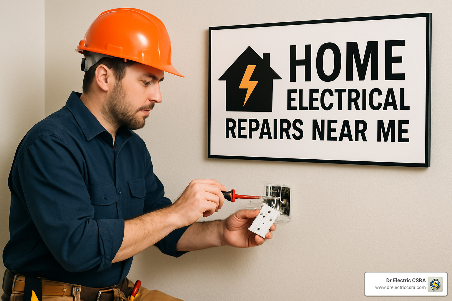 Electrician in orange hard hat performing home electrical repairs, working on an outlet, with a sign reading "HOME ELECTRICAL REPAIRS NEAR ME" in the background, emphasizing local electrical services.