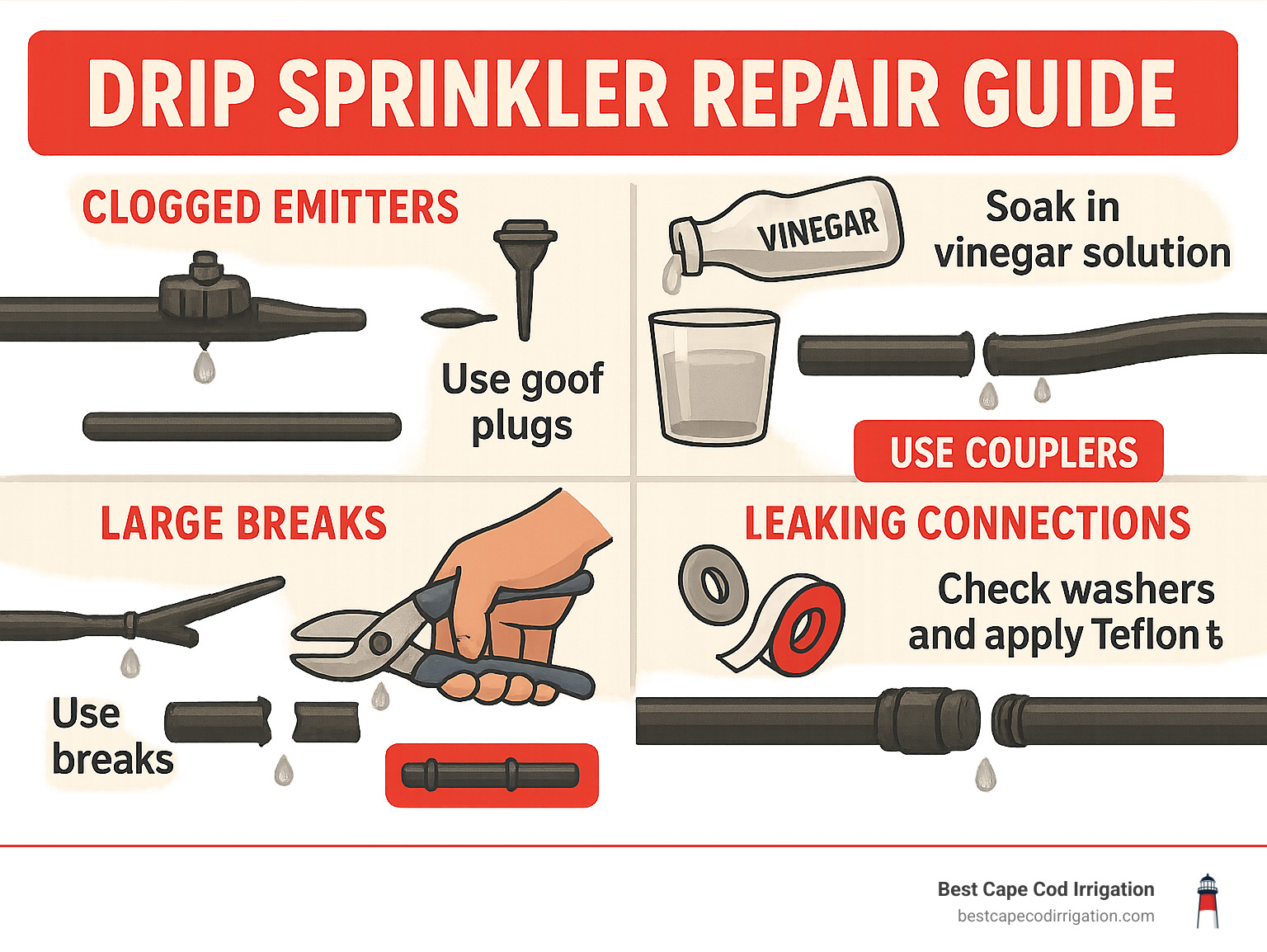 Drip sprinkler repair guide showing common problems and solutions including: clogged emitters (soak in vinegar solution), small punctures (use goof plugs), large breaks (use couplers), and leaking connections (check washers and apply Teflon tape), with illustrations of each repair technique and tools needed - drip sprinkler repair infographic
