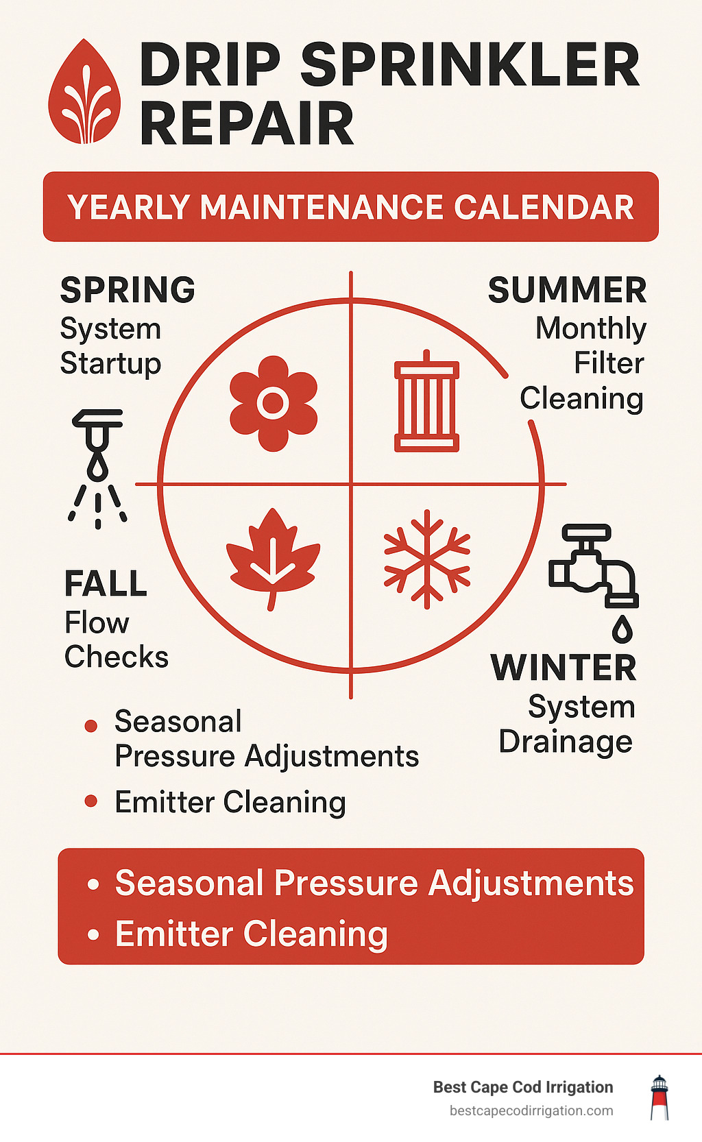 Yearly maintenance calendar showing spring system startup, summer monthly filter cleaning, fall flow checks, and winter system drainage, with seasonal pressure adjustments and emitter cleaning schedule - drip sprinkler repair infographic