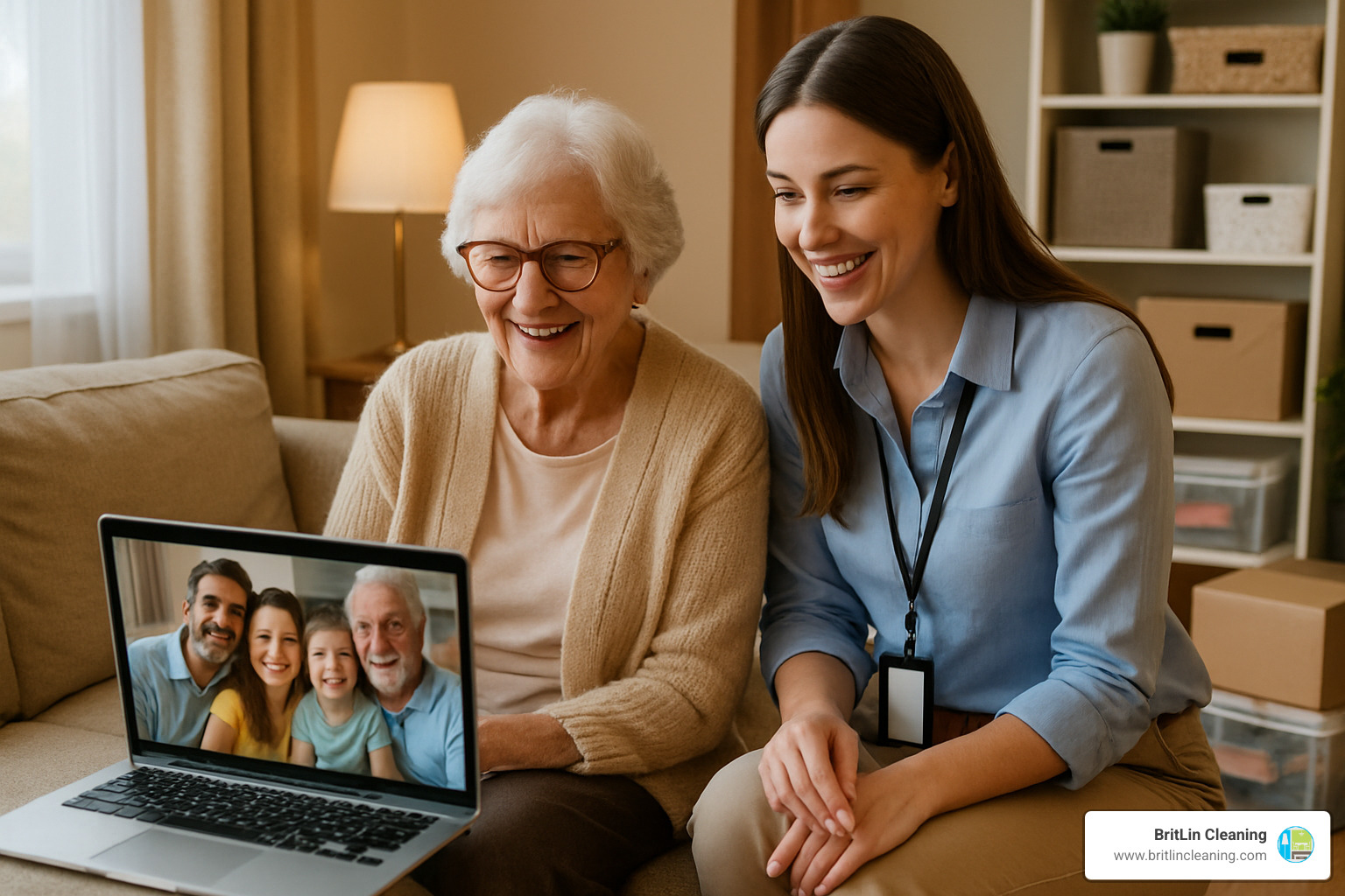 Senior with professional organizer on a video call with family members - decluttering services for seniors