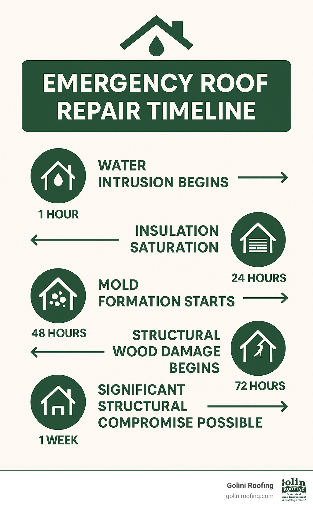 Emergency roof repair timeline showing the progression of damage: 1-hour (water intrusion begins), 24-hours (insulation saturation), 48-hours (mold formation starts), 72-hours (structural wood damage begins), 1-week (significant structural compromise possible) - Emergency roof repair services infographic