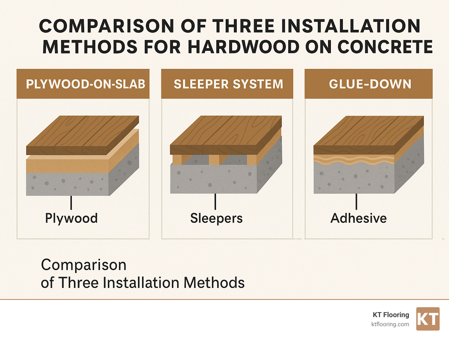 Comparison of three installation methods for hardwood on concrete - install hardwood floor on concrete infographic